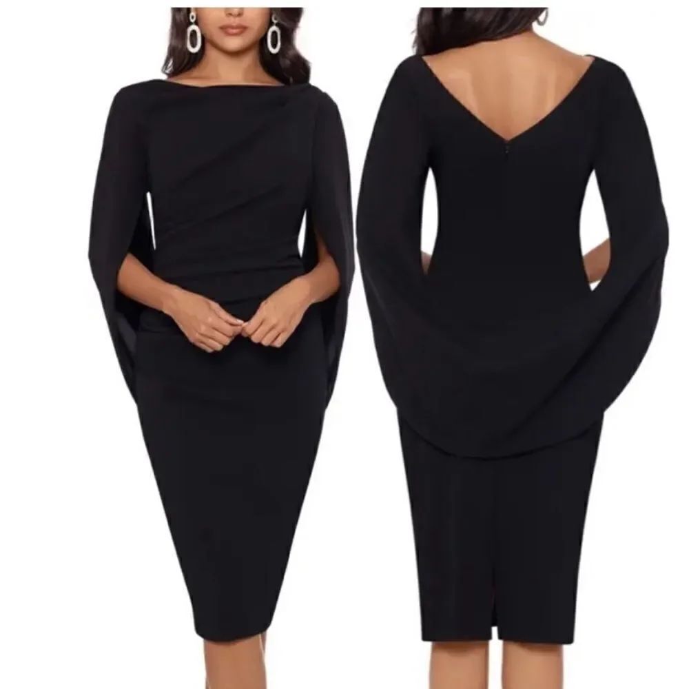 Betsey & Adam Cape Sleeve Crepe Sheath Dress in Black $199